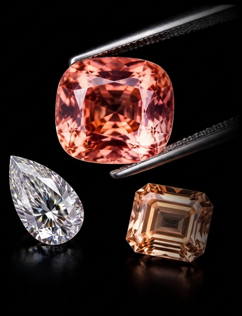 Three gemstones from the invitation: a peach cushion-cut gemstone in tweezers, a pear-shaped diamond and a champagne step-cut gemstone.